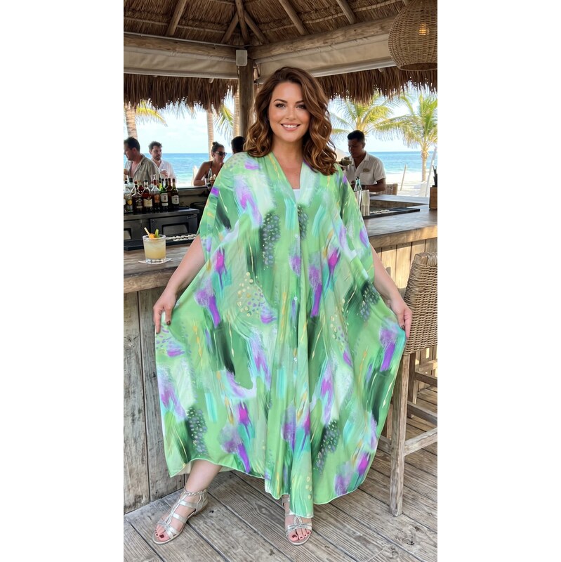 Vzorovaný kaftan s krátkymi rukávmi zelený 64285560