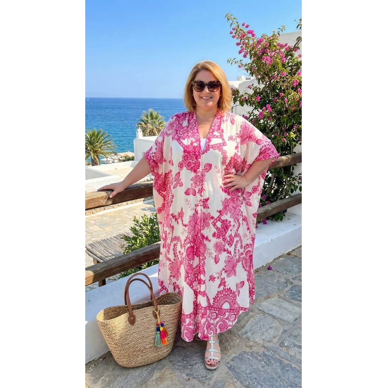 Viskózový kaftan s gombíkmi ružový 64267331