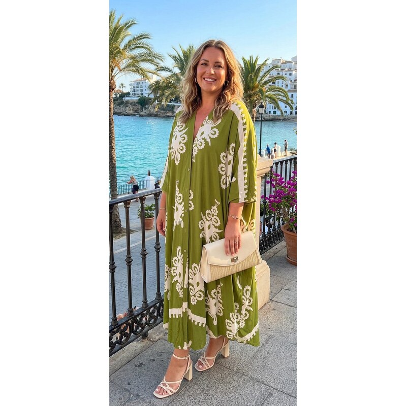 Vzorovaný kaftan s gombíkmi zelený 54605595