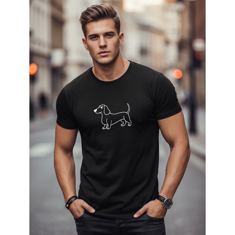 Bawełniany T-shirt męski z nadrukiem jamnika czarny Dstreet NX0221R 69167428