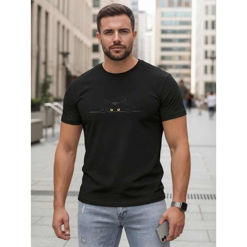 Bawełniany t-shirt męski z motywem kota czarny Dstreet NX5102R 69167432