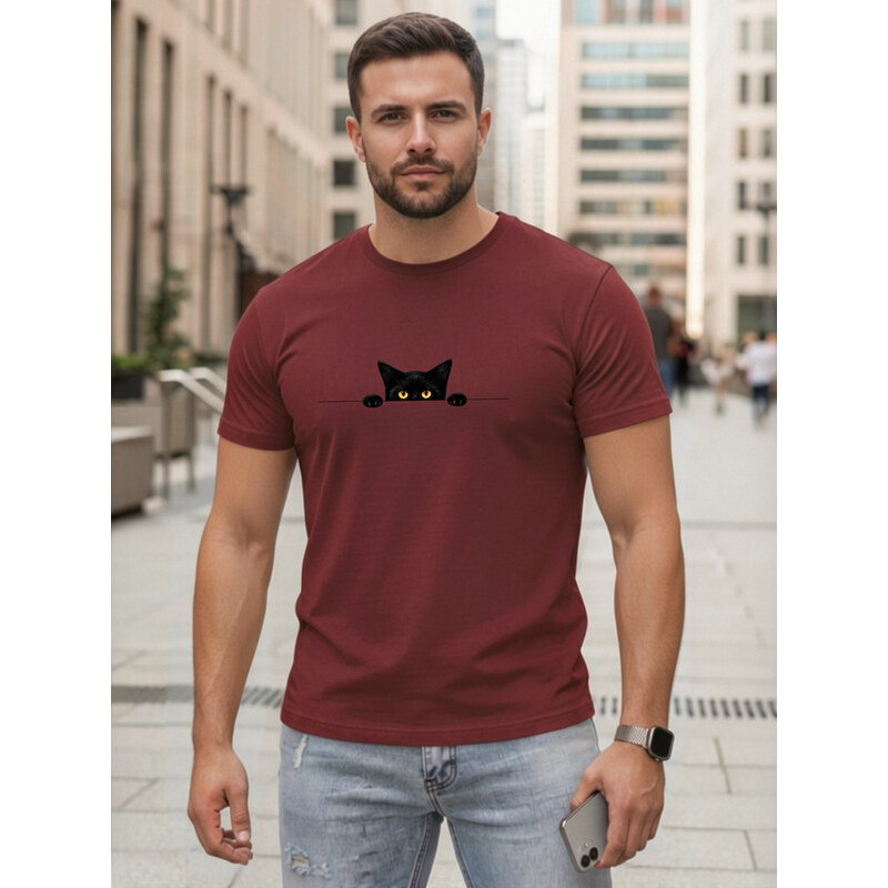 Bawełniany t-shirt męski z motywem kota bordowy Dstreet NX5102R 69167433