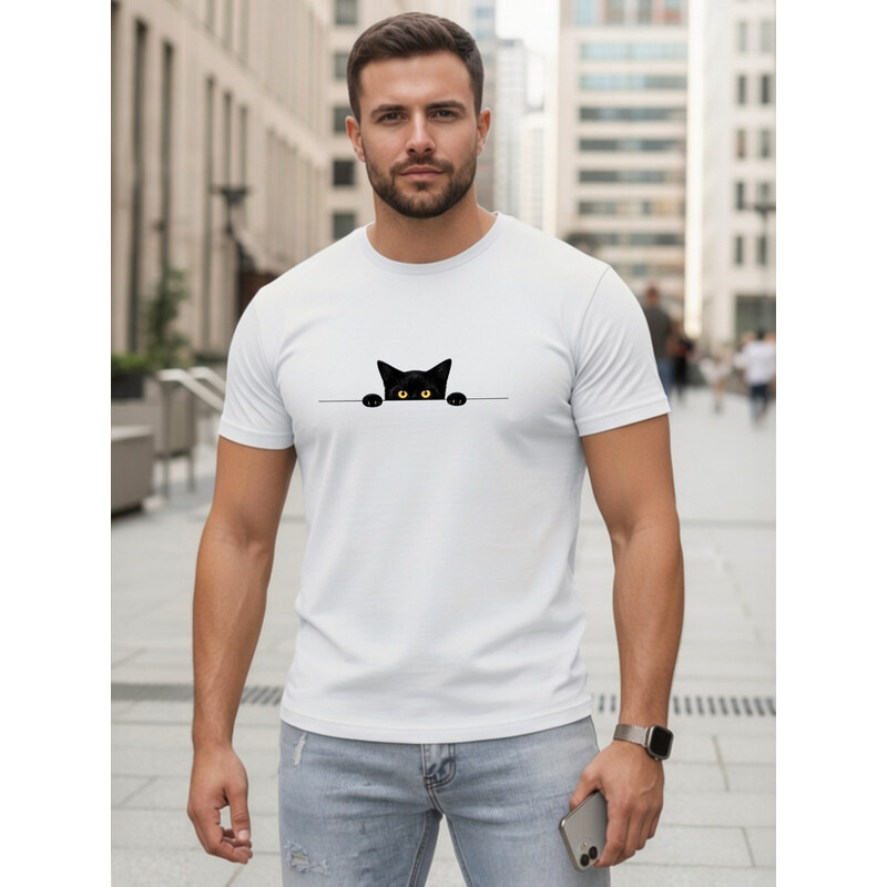 Bawełniany t-shirt męski z motywem kota biały Dstreet NX5102R 69167434