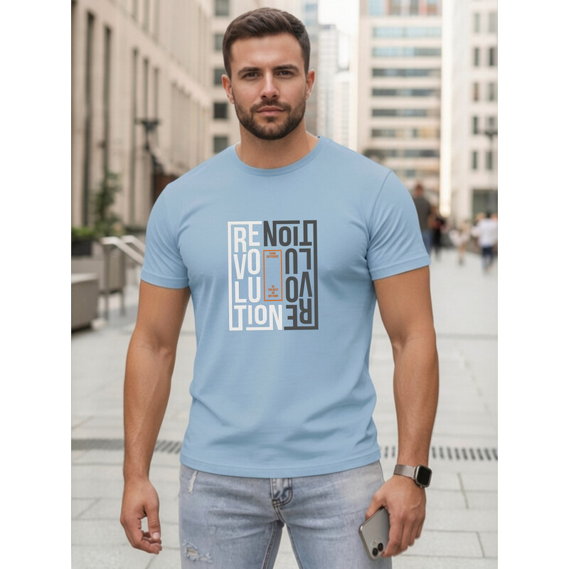 T-shirt męski bawełniany z nadrukiem revolution błękitny Dstreet 69167449