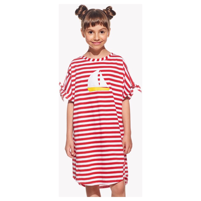 Pískacie šaty Nela Mini, Dievča, Červený pásik, Loďka žltá 69215465