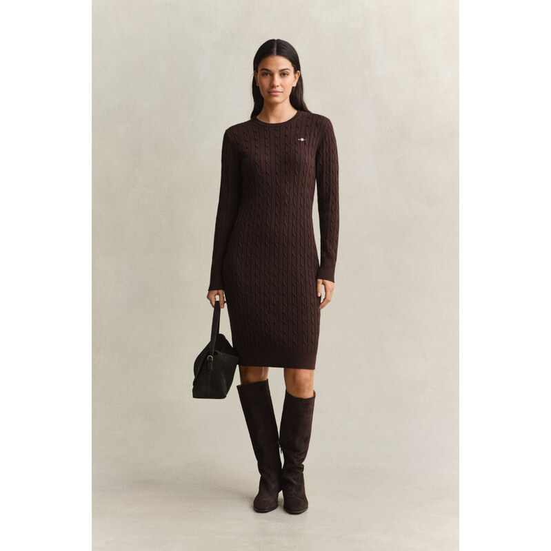 Šaty gant stretch cotton cable c-neck dress deep brown 64980732