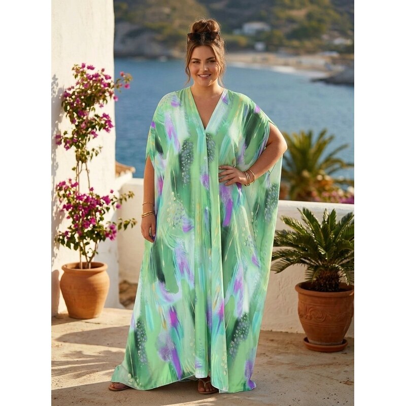 Vzorovaný kaftan s krátkymi rukávmi zelený 64285560