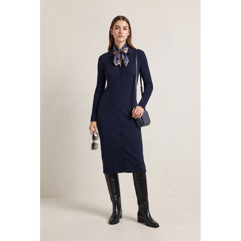 Šaty gant slim ribbed ls jersey polo dress evening blue 69639580