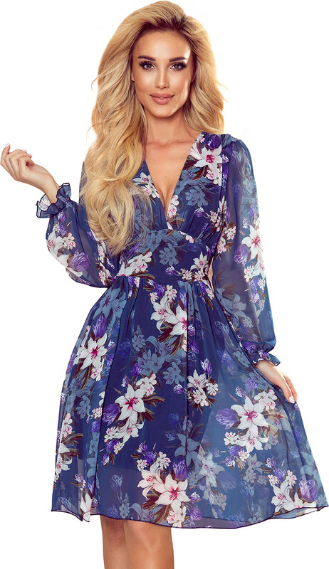 Numoco FRANCES - šifónové šaty s výstrihom - tmavomodrá s kvetmi 388-1