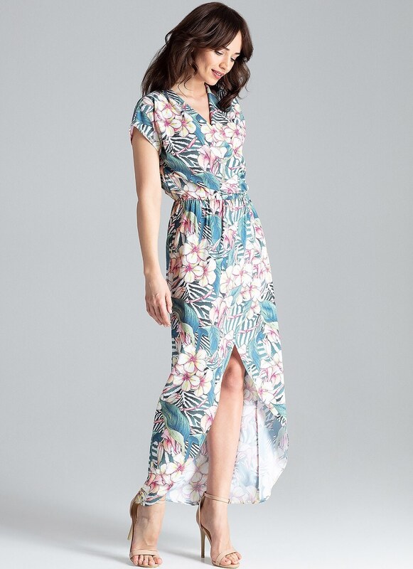 LENITIF Dlhé šaty s kvetinovým vzorom a rozpárkom L033