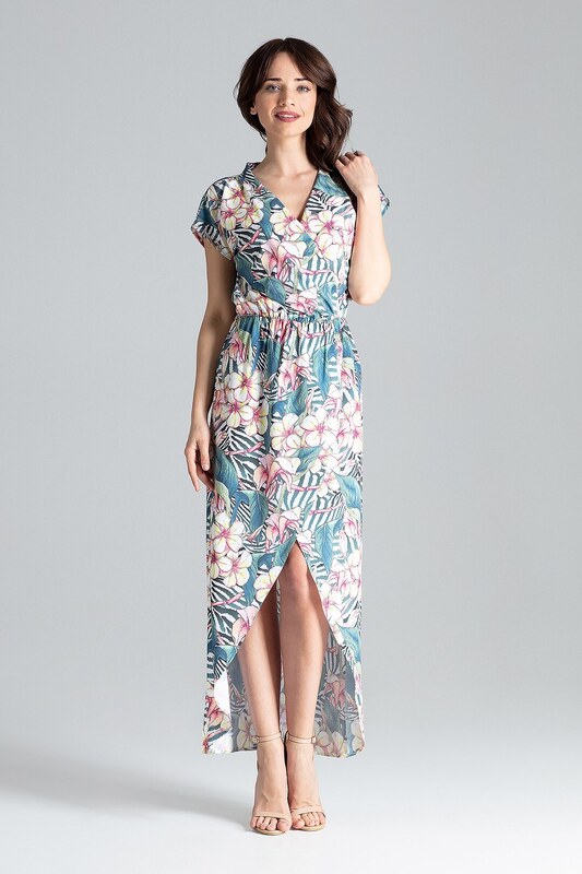 LENITIF Dlhé šaty s kvetinovým vzorom a rozpárkom L033