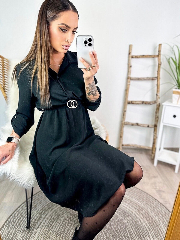 MFY Čierne košeľové šaty s opaskom v midi dĺžke