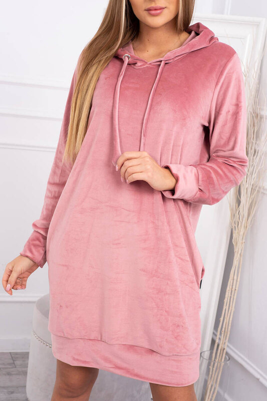 K-Fashion Velúrové šaty s kapucňou tmavo ružové