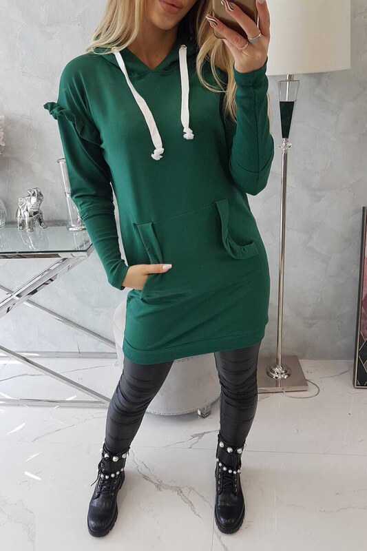 K-Fashion Šaty s ozdobnými volánikmi a kapucňou zelenej farby