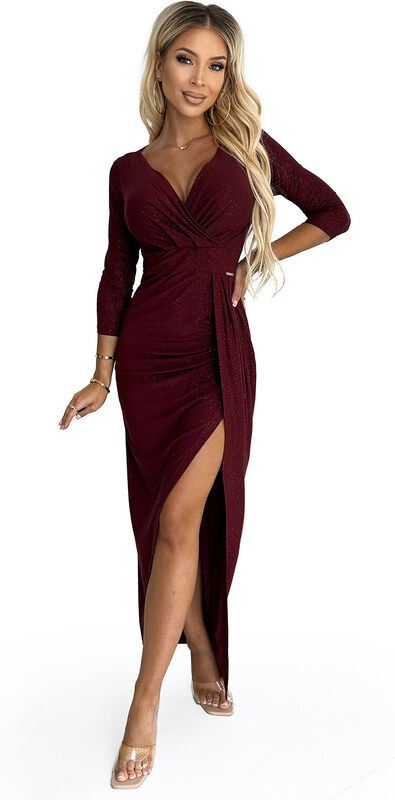 numoco 404-5 Dlhé trblietavé šaty s výstrihom a rozparkom na nohách - BROAD s trblietkami