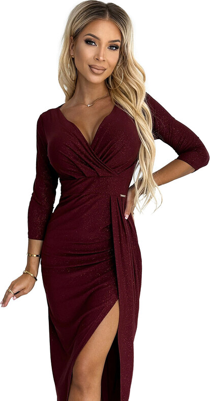 numoco 404-5 Dlhé trblietavé šaty s výstrihom a rozparkom na nohách - BROAD s trblietkami