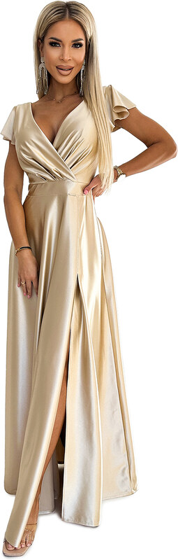 Numoco CRYSTAL saténové dlhé šaty s výstrihom - zlaté 411-7