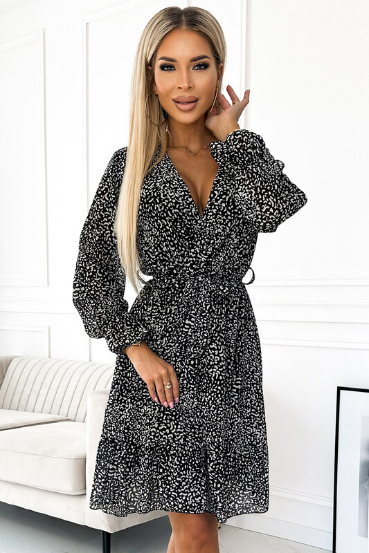 NUMOCO Čierno-biele šifónové vzorované šaty s hlbokým výstrihom 506-1 black-white