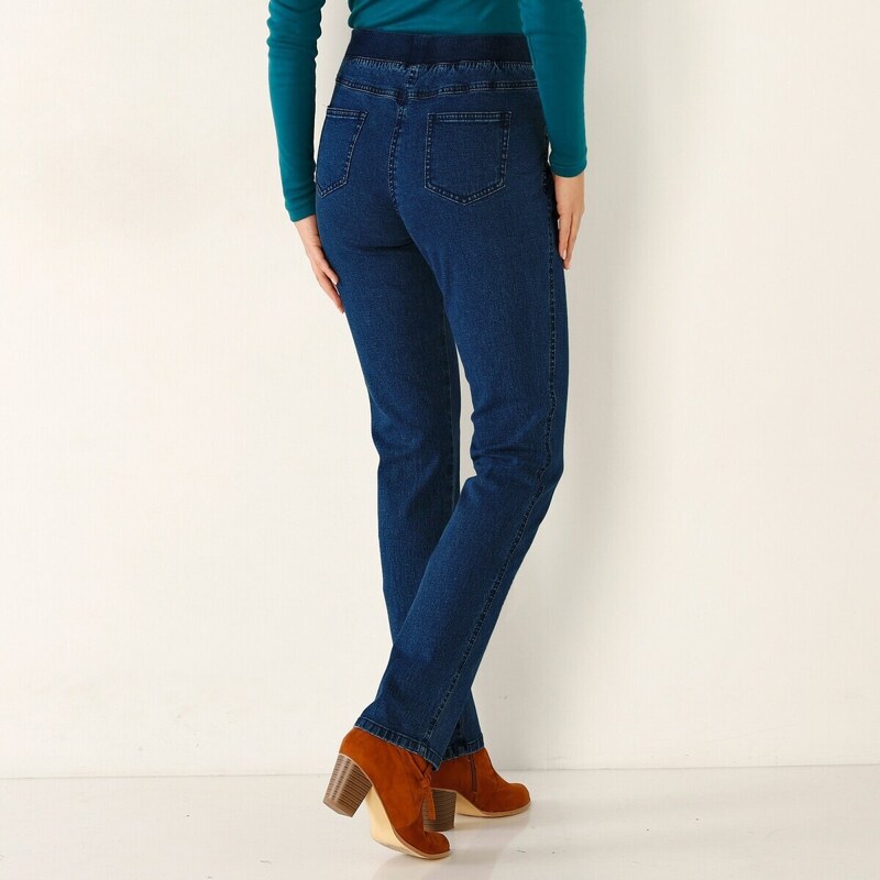 Pohodlné dlhé denimové nohavice s pružným pásom denim 050 Blancheporte