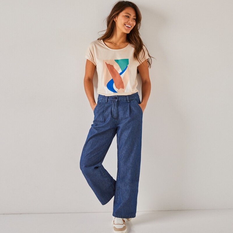 Denimové široké nohavice pre nižšiu postavu modrá 036 Blancheporte