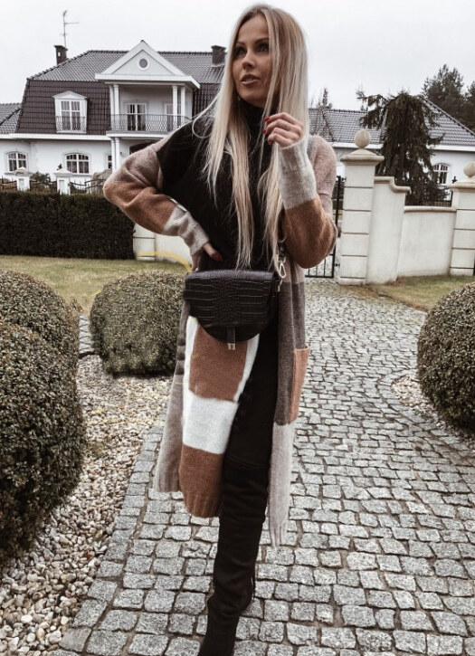 Fashionweek Dámsky farebný sveter kabát geometrické vzory SARA