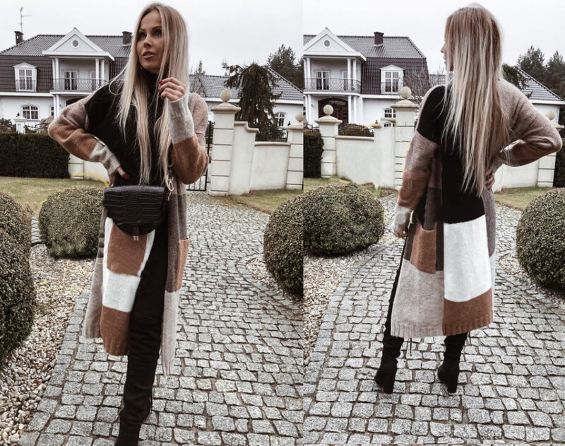 Fashionweek Dámsky farebný sveter kabát geometrické vzory SARA