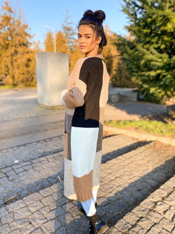 Fashionweek Dámsky farebný sveter kabát geometrické vzory SARA