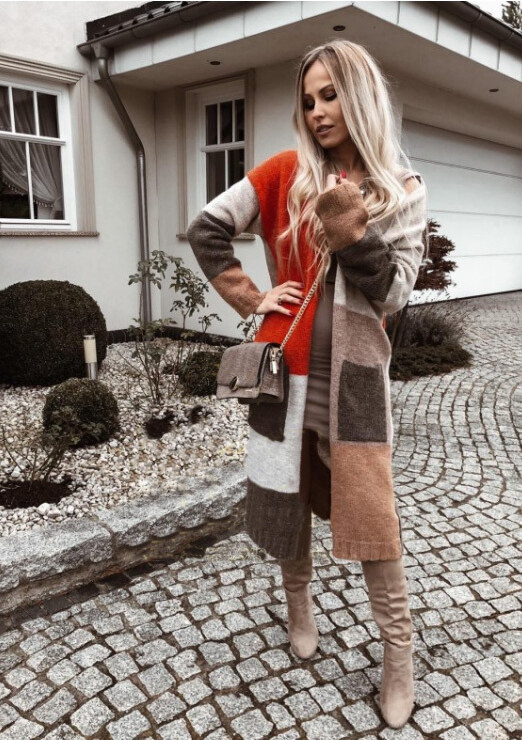 Fashionweek Dámsky farebný sveter kabát geometrické vzory SARA