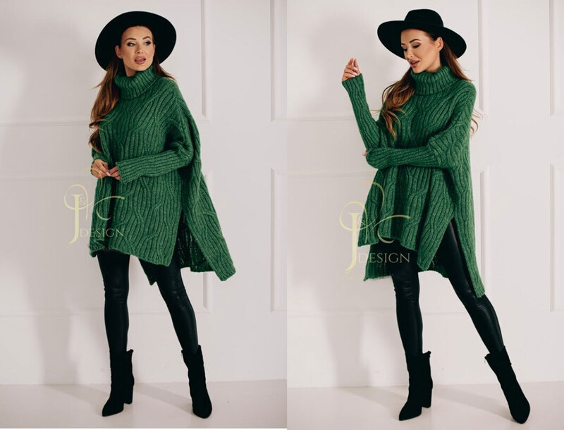 Fashionweek Luxusné pončo sveter, vlnený pletený kabát s teplým rolákom RITA