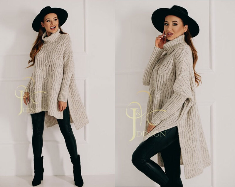 Fashionweek Luxusné pončo sveter, vlnený pletený kabát s teplým rolákom RITA