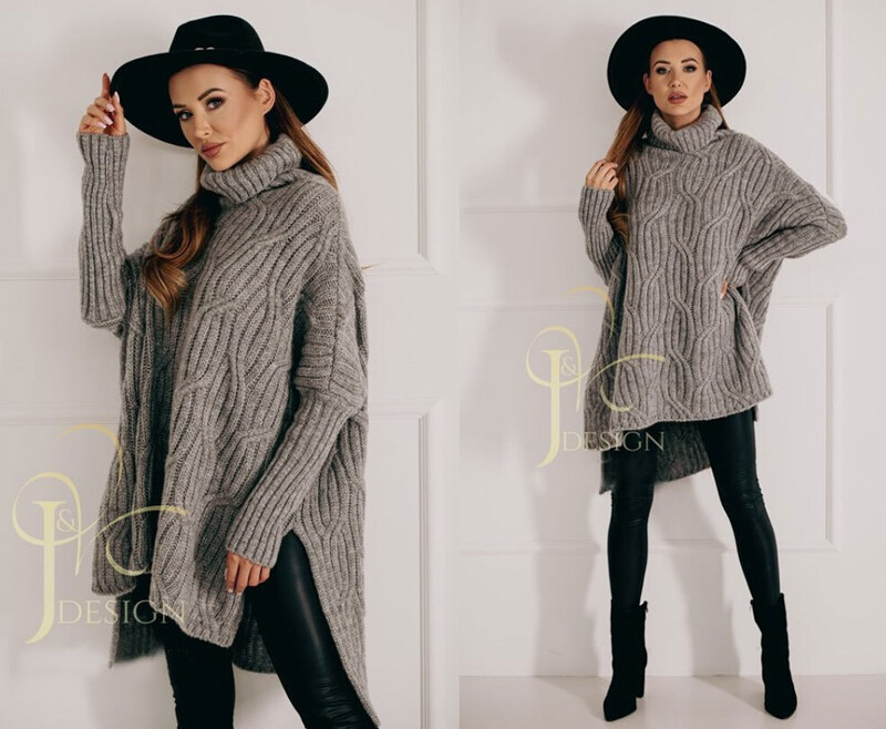 Fashionweek Luxusné pončo sveter, vlnený pletený kabát s teplým rolákom RITA