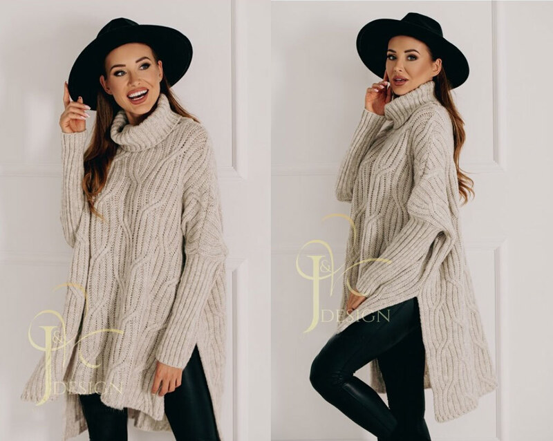 Fashionweek Luxusné pončo sveter, vlnený pletený kabát s teplým rolákom RITA