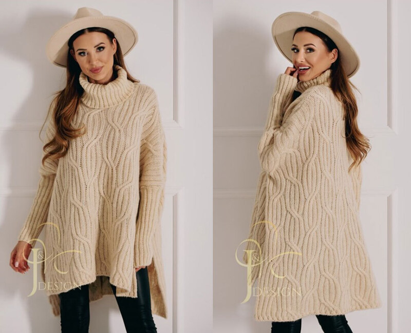 Fashionweek Luxusné pončo sveter, vlnený pletený kabát s teplým rolákom RITA