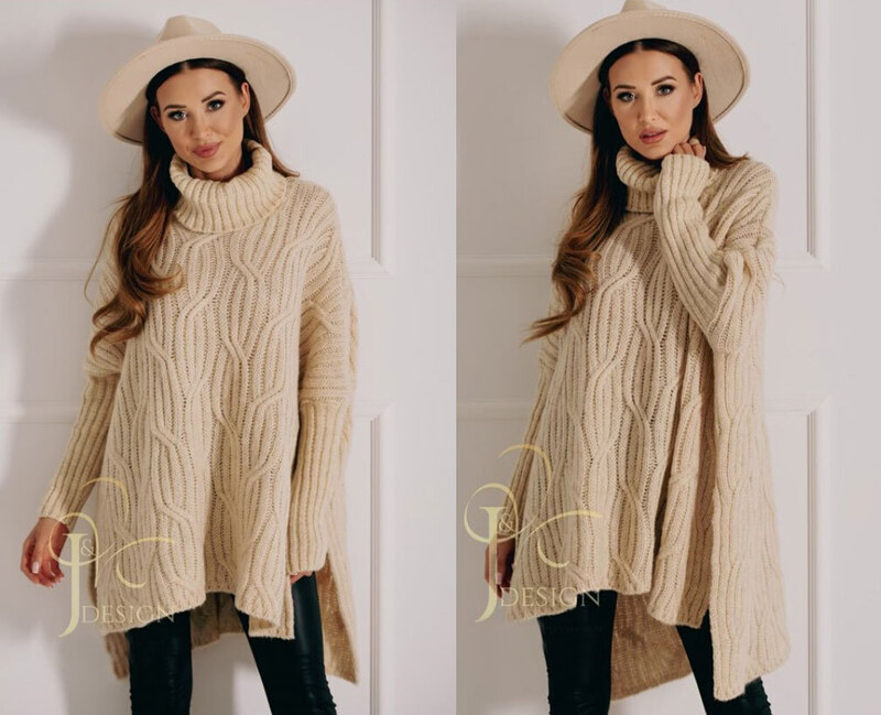 Fashionweek Luxusné pončo sveter, vlnený pletený kabát s teplým rolákom RITA