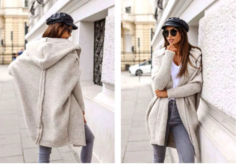 Fashionweek Dámsky luxusný pletený kabát, kardigan s kapucňou BETI