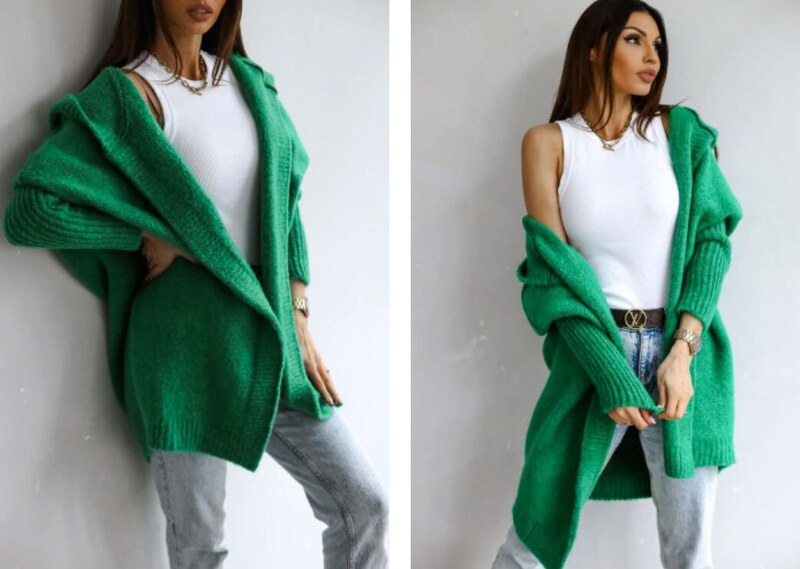 Fashionweek Dámsky luxusný pletený kabát, kardigan s kapucňou BETI