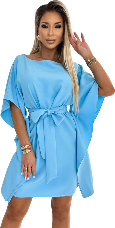 Numoco SOFIA Motýlie šaty so zaväzovaním v páse - farba modrá 287-26