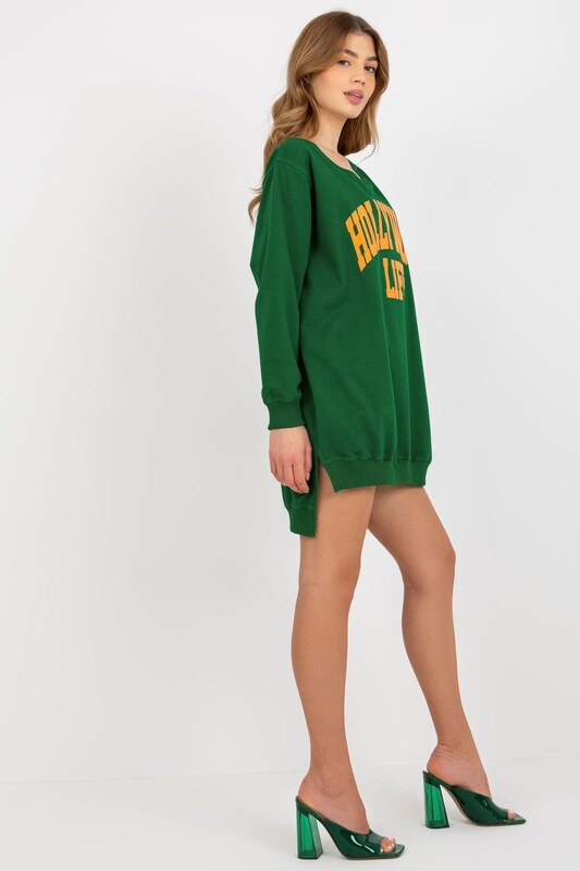 MladaModa Mikina s predlženou zadnou časťou a nápisom Hollywood Life tmavozelená+oranžová