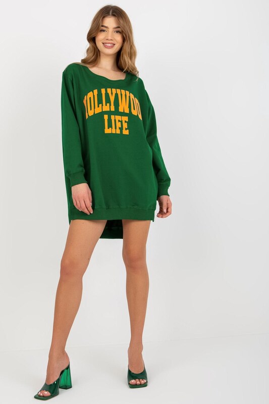 MladaModa Mikina s predlženou zadnou časťou a nápisom Hollywood Life tmavozelená+oranžová