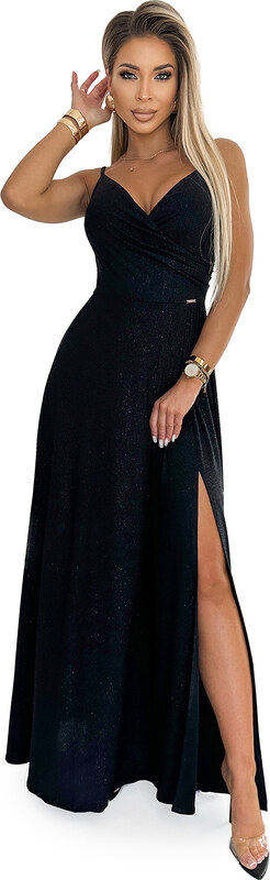 Numoco CHIARA elegantné maxi šaty na ramienka - čierna s trblietkami 299-18