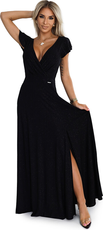 Numoco CRYSTAL trblietavé dlhé šaty s výstrihom - čierne 411-12