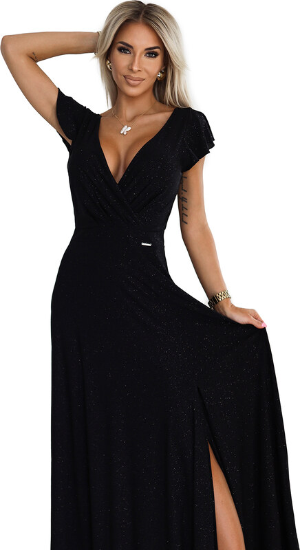 Numoco CRYSTAL trblietavé dlhé šaty s výstrihom - čierne 411-12