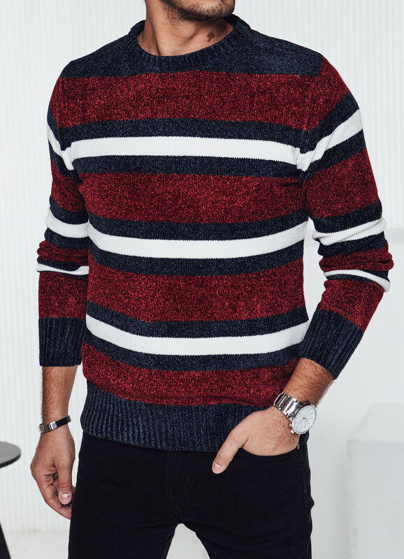 BASIC Vínový pánsky pruhovaný sveter WX2264