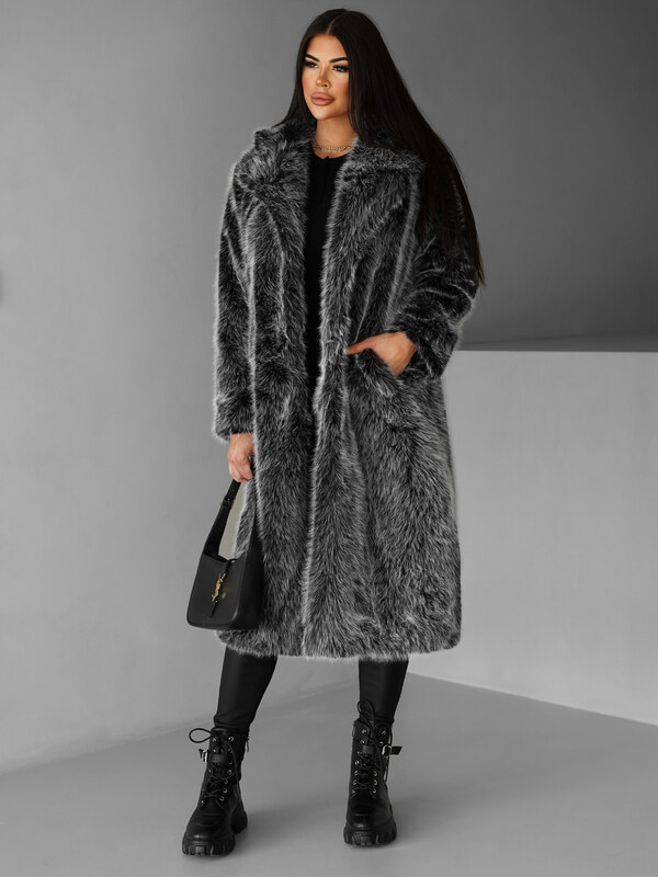 ErikaFashion Čierny faux fur dlhý kožušinový kabát KINKA