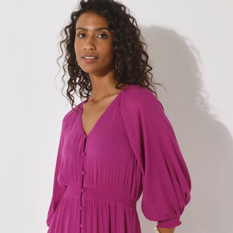 Jednofarebné dlhé krepónové šaty s gombíkmi purpurová 042 Blancheporte