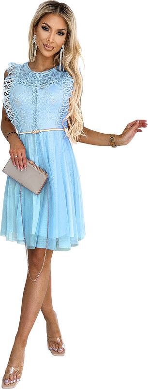 numoco basic 454-4 Šaty GRETA s čipkou a zlatým opaskom - MODRÉ