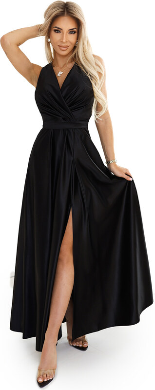 Numoco MONIQUE dlhé exkluzívne saténové šaty s výstrihom a rozparkom na nohaviciach - čierne 587-2