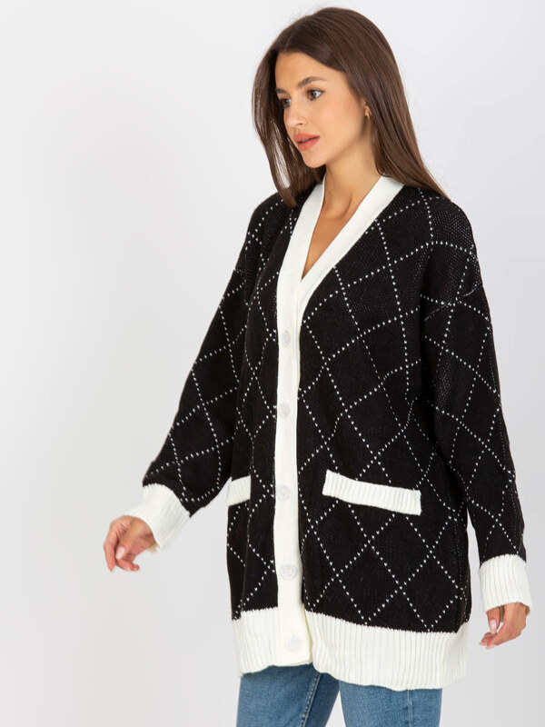 RUE PARIS Čierny voľný sveter na gombíky s lemovaním -LC-SW-0258.03P-black