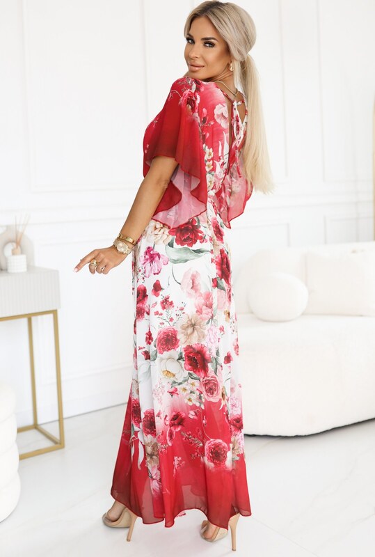 NUMOCO Bílo-červené vzdušné maxi šaty s výstřihem do V a květinovým vzorem *603-1