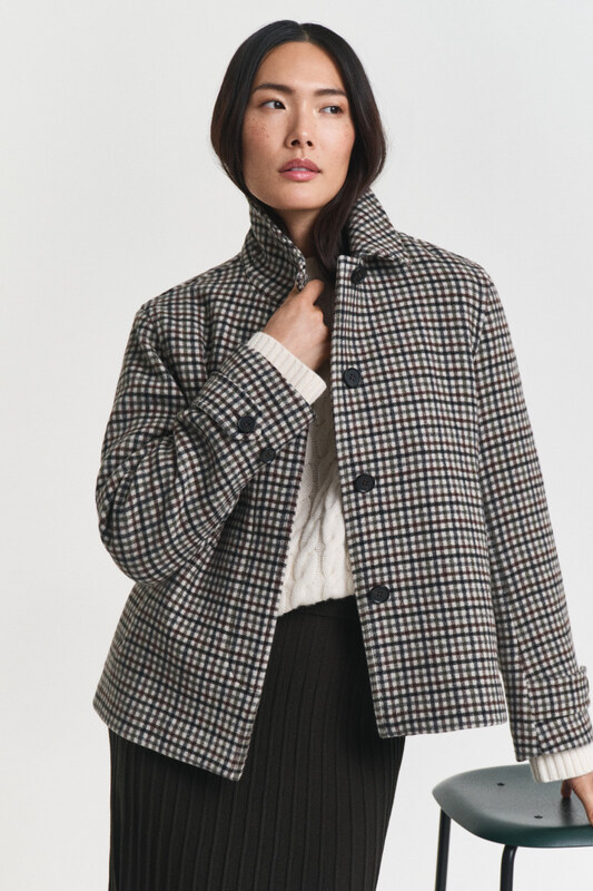 KABÁT GANT CHECKED SHORT WOOL BLEND CAR COAT PUTTY
